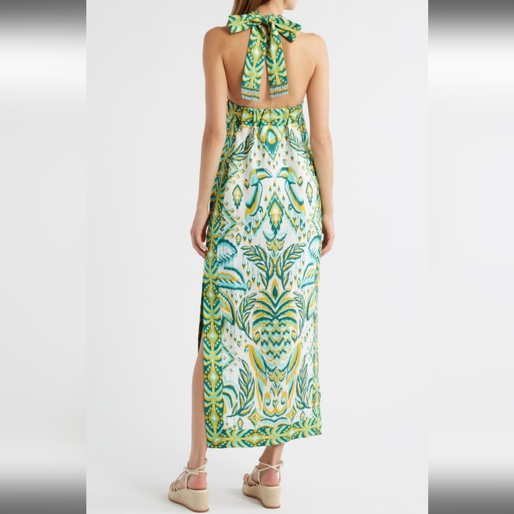 FARM RIO HALTER NECK TROPICAL LINEN MAXI SUNDRESS IN GREEN / SIZE:LARGE - Picture 1 of 16